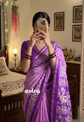 Lilac Pink with Peacock Border - Uniform sarees Malgudi Printed Silk with Peacock Border - Perfect for Office Wear | Casual Wear