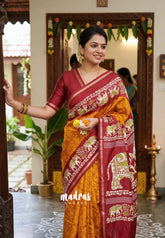 Turmeric Orange with Elephant Border - Uniform sarees Malgudi Printed Silk with Elephant Border - Perfect for Office Wear | Casual Wear