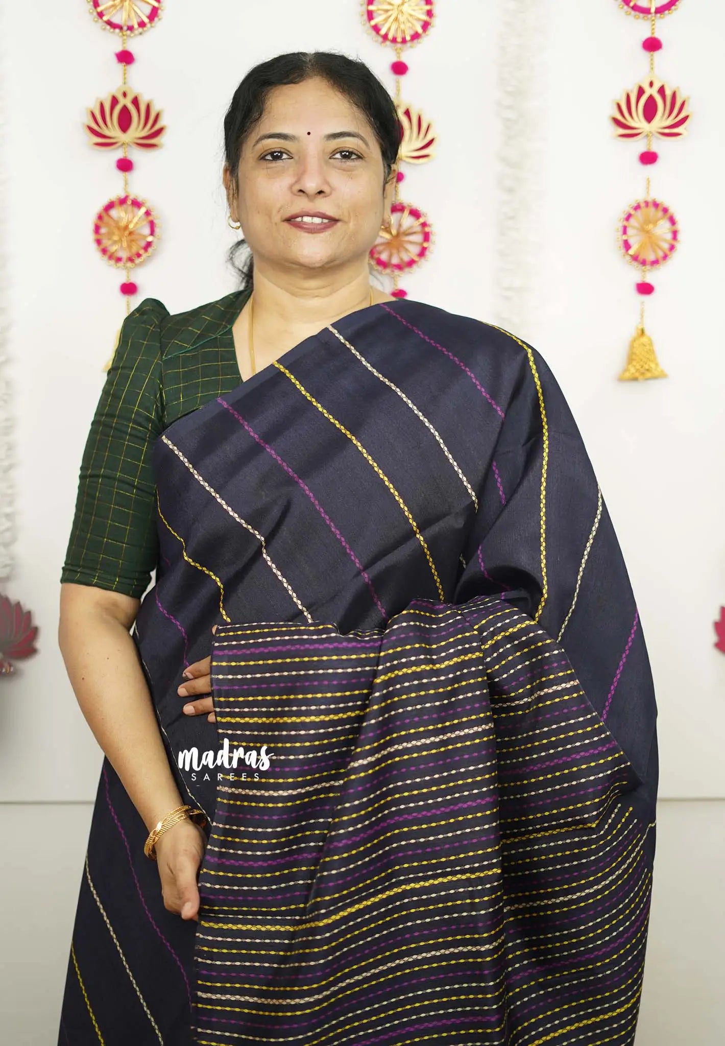 Zara Malgudi Fusion printed silk kantha stitch prints blue - Madras Sarees