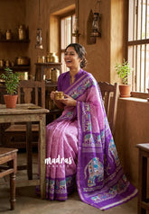Lilac Pink with Elephant Border - Uniform sarees Malgudi Printed Silk with Elephant Border - Perfect for Office Wear | Casual Wear