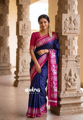 Midnight Blue with Peacock Border - Uniform sarees Malgudi Printed Silk with Peacock Border - Perfect for Office Wear | Casual Wear