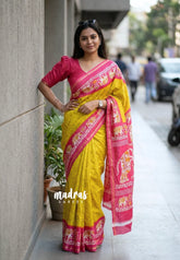 Yellowish Green with Pink - Uniform sarees Malgudi Printed Silk with Elephant Border - Perfect for Office Wear | Casual Wear