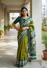 Olive Green with Elephant Border - Uniform sarees Malgudi Printed Silk with Elephant Border - Perfect for Office Wear | Casual Wear