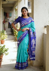 Turquoise Green with Elephant Border - Uniform sarees Malgudi Printed Silk with Elephant Border - Perfect for Office Wear | Casual Wear