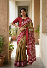 Khaki Brown with Peacock Border - Uniform sarees Malgudi Printed Silk with Peacock Border - Perfect for Office Wear | Casual Wear