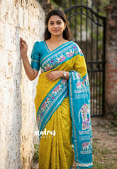 Yellowish Green with Blue - Uniform sarees Malgudi Printed Silk with Elephant Border - Perfect for Office Wear | Casual Wear