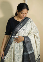 Ivory white - Malgudi printed silk pen kalamkari vanasingaram prints with zari border