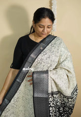 Ivory white - Malgudi printed silk pen kalamkari and floral prints with zari border