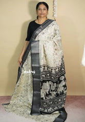 Ivory white - Malgudi printed silk pen kalamkari vanasingaram prints with zari border