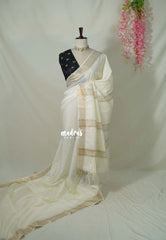 Ivory White - Mangalgiri semi pattu body with getti border with Double Blouse Combo - Best for Festive Wear