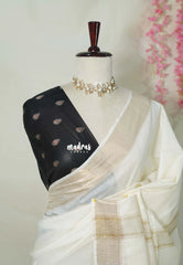 Ivory White - Mangalgiri semi pattu body with getti border with Double Blouse Combo - Best for Festive Wear