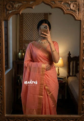 Dark Peach - Mangalgiri Semi Pattu middle Checks Body with Getti Border - Best for Festive Wear