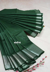 Deep Green Glow - Mangalgiri semi pattu with silver getti border