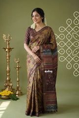 Mustard Brown - Ananya - Soft Mangalore Silk Saree Metallic Shades with Kalamkari Prints - Perfect for Office Wear | Casual Wear