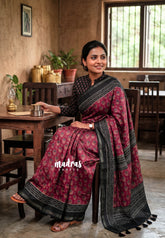 Mild Rosewood Maroon - Ananya - Soft Mangalore Silk Saree with Bagru Prints - Best for Office Wear