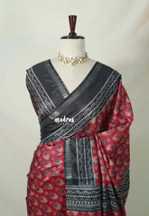 Mild Rosewood Maroon - Ananya - Soft Mangalore Silk Saree with Bagru Prints - Best for Office Wear