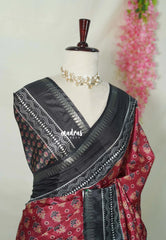 Mild Rosewood Maroon - Ananya - Soft Mangalore Silk Saree with Bagru Prints - Best for Office Wear