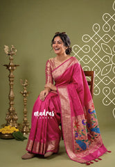 Queen's Pink - Manjari - Raw Silk Premium Paithani Weaving Border and Pallu - Best for Small Functions | Pooja | Reception
