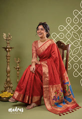 Spicy Red - Manjari - Raw Silk Premium Paithani Weaving Border and Pallu - Best for Small Functions | Pooja | Reception