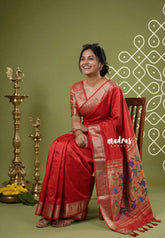 Spicy Red - Manjari - Raw Silk Premium Paithani Weaving Border and Pallu - Best for Small Functions | Pooja | Reception