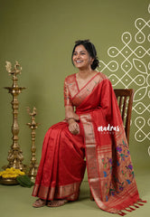 Spicy Red - Manjari - Raw Silk Premium Paithani Weaving Border and Pallu - Best for Small Functions | Pooja | Reception (Copy)