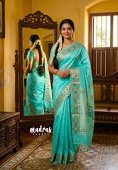 Aqua Green - Manjari - Raw Silk Premium Paithani Weaving Border and Pallu - Best for Small Functions | Pooja | Reception