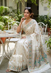 Creamy Ivory - Manjari - Raw Silk Premium Paithani Weaving Border and Pallu - Best for Small Functions | Pooja | Reception