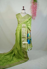 Light Lime Green - Manjari - Raw Silk Premium Paithani Weaving Border and Pallu - Best for Pooja Functions | Reception
