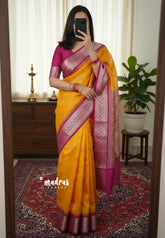 Orangish Yellow - Manjari - Raw silk Saree Traditional Border Rich Pallu with Weaving Buttas - Best for Small Functions | Pooja