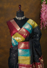 Jet Black - Manjari - Raw silk with Traditional Temple Border - Best for Small Functions | Pooja | Sabha katcheri