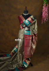 Taupe Grey - Manjari - Raw silk with Traditional Temple Border - Best for Small Functions | Pooja | Sabha katcheri