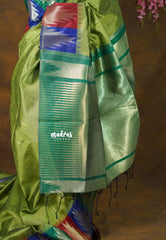 Fresh Olive Green - Manjari - Raw silk with Traditional Temple Border - Best for Small Functions | Pooja | Sabha katcheri