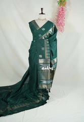Bottle Green - Manjari - Raw Silk with Gap Temple Border - Best for Diwali Festive | Temple Visit