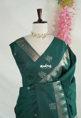 Bottle Green - Manjari - Raw Silk with Gap Temple Border - Best for Diwali Festive | Temple Visit