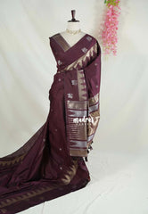 Wine Brown - Manjari - Raw Silk with Gap Temple Border - Best for Diwali Festive | Temple Visit