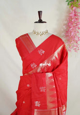 Tomato Red - Manjari - Raw Silk with Gap Temple Border - Best for Diwali Festive | Temple Visit