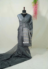 Jet Grey - Manjari - Raw Silk Saree Ikkat Weaving with Pallu and Blouse - Best for Small Functions