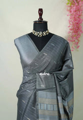 Jet Grey - Manjari - Raw Silk Saree Ikkat Weaving with Pallu and Blouse - Best for Small Functions