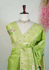 Pastel Lime Green - Manjari - Raw Silk Premium Paithani Weaving border and work Blouse - Best for Small Functions | Pooja