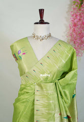 Pastel Lime Green - Manjari - Raw Silk Premium Paithani Weaving border and work Blouse - Best for Small Functions | Pooja
