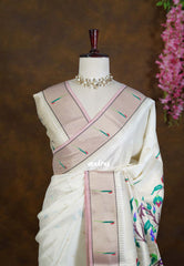 Creamy Ivory - Manjari - Raw Silk Saree Paithani Weaving Pallu and Border with Buttas - Best for Small Functions