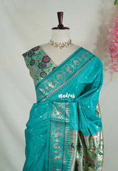 Aqua Green - Manjari - Raw Silk Premium Patola Weaving Border and Pallu - Best for Diwali Festive | Reception
