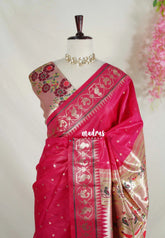 Queen's Pink - Manjari - Raw Silk Premium Patola Weaving Border and Pallu - Best for Diwali Festive | Reception