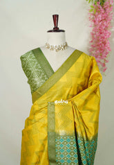 Greenish Yellow - Manjari - Raw Silk Saree Zigzag Weaving Body with Weaving Pallu and Blouse - Best for Small Functions