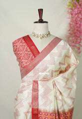Ivory Beige - Manjari - Raw Silk Saree Zigzag Weaving Body with Weaving Pallu and Blouse - Best for Small Functions