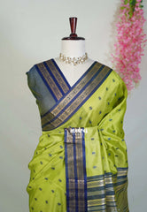 Pretty Parrot Green - Manjari - Raw Silk Saree with Rettapet Border and Buttas - Best for Small Functions