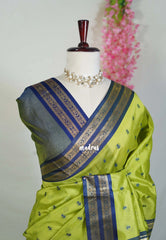 Pretty Parrot Green - Manjari - Raw Silk Saree with Rettapet Border and Buttas - Best for Small Functions