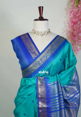 Aqua Green - Manjari - Raw Silk Saree with Yannai Border and Buttas - Best for Small Functions