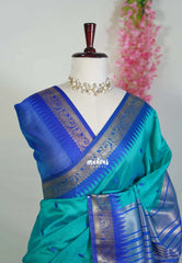 Aqua Green - Manjari - Raw Silk Saree with Yannai Border and Buttas - Best for Small Functions