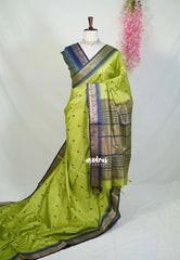 Pretty Parrot Green - Manjari - Raw Silk Saree with Yannai Border and Buttas - Best for Small Functions